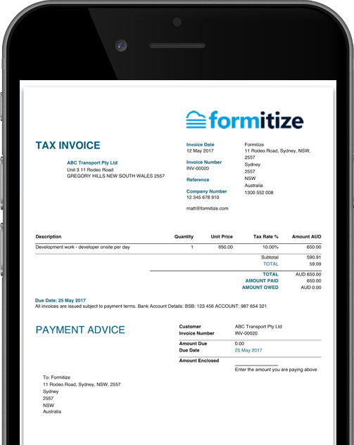 Send PDF paid invoice receipts with Formitize App
